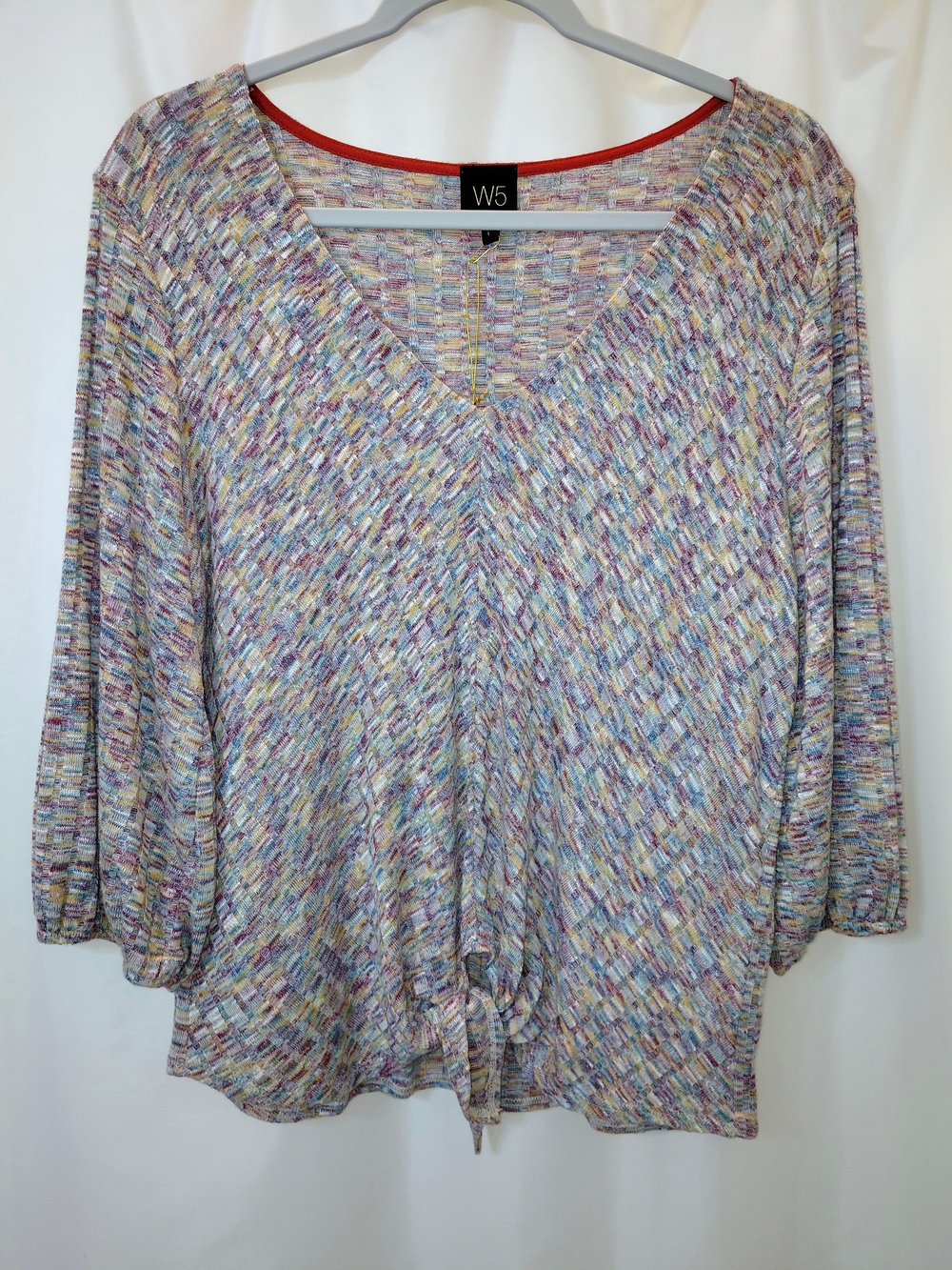 NWT W5 From Antgropologie Sz L Women's Multicolor V-Neck Marled Knit Tie Front